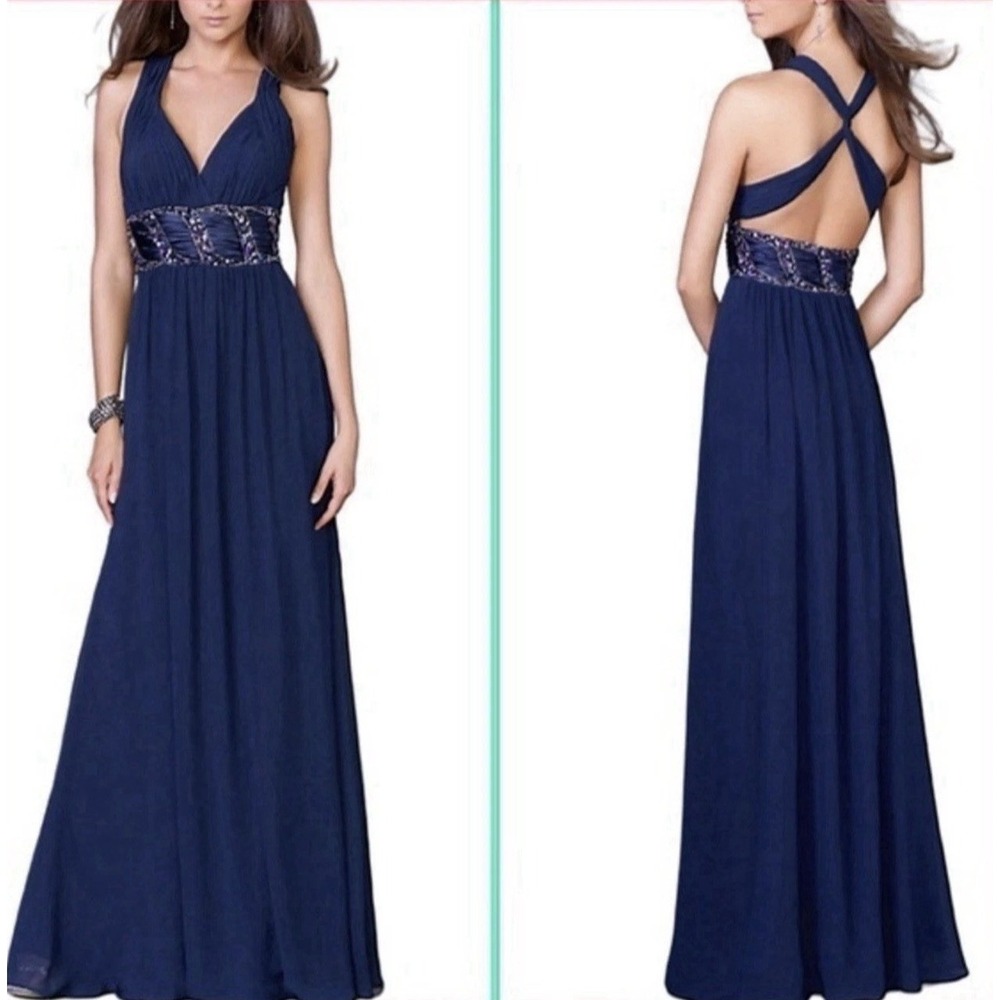 La Femme Dress Navy Blue Gemstone Crisscross Back Embellished Gown 00 NWT $538